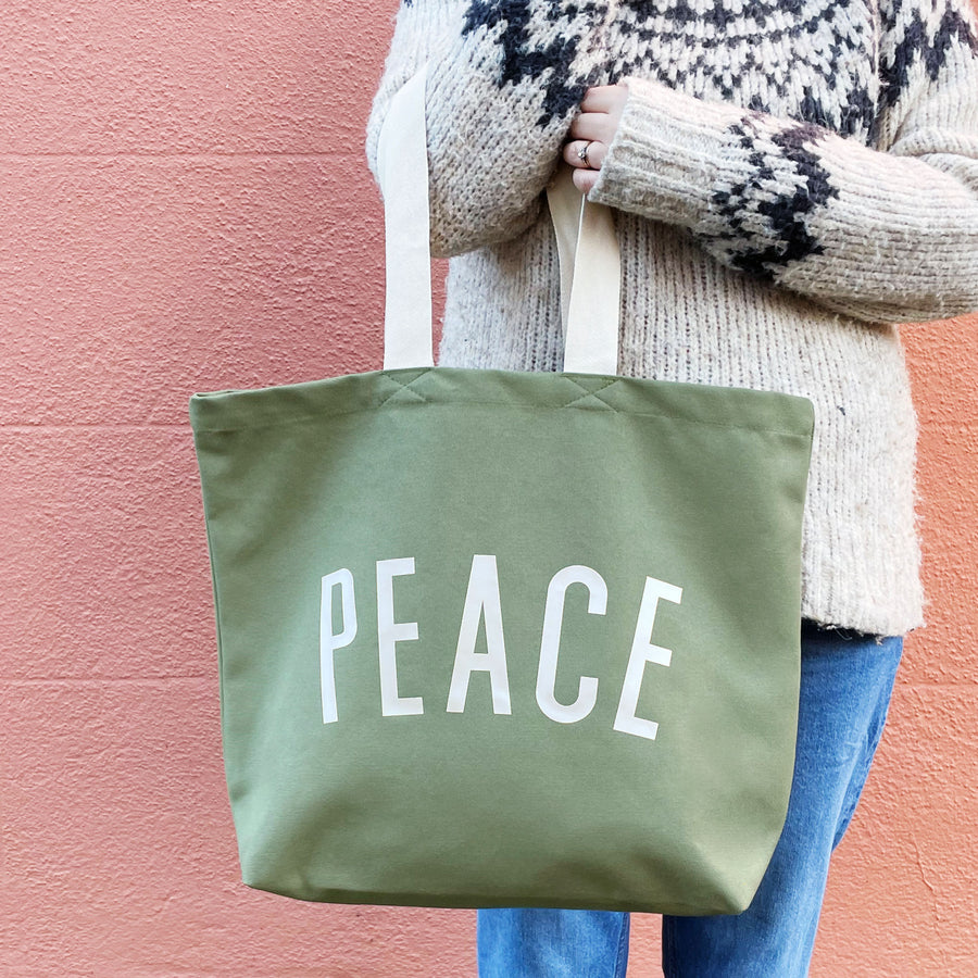 Peace - Olive Green Canvas Tote Bag