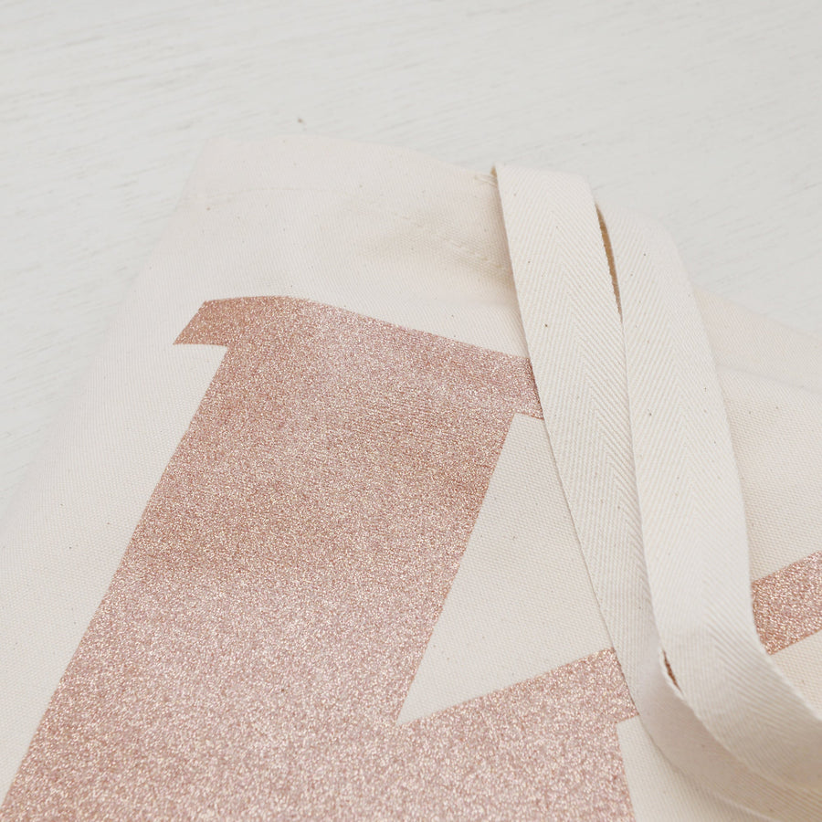 SECONDS - Initial Cotton Tote Bag - Rose Gold Glitter