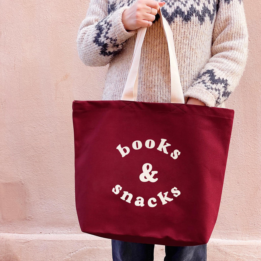 Books & Snacks - Burgundy Canvas Tote Bag