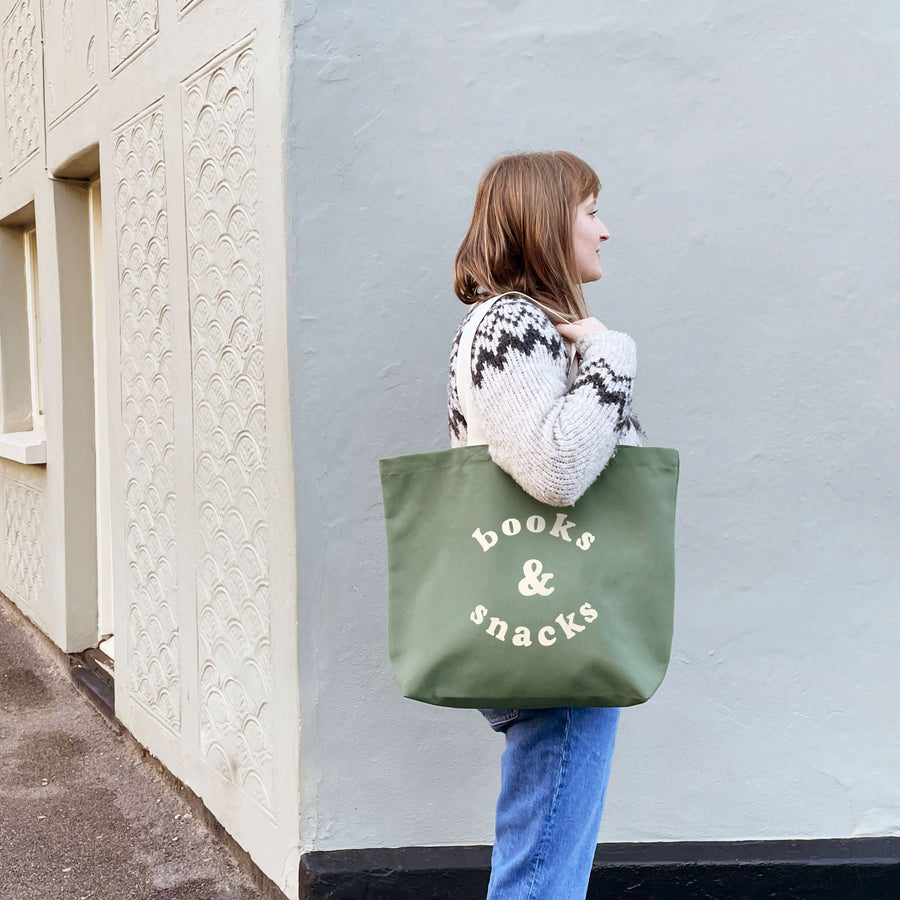 Books & Snacks - Olive Green Canvas Tote Bag