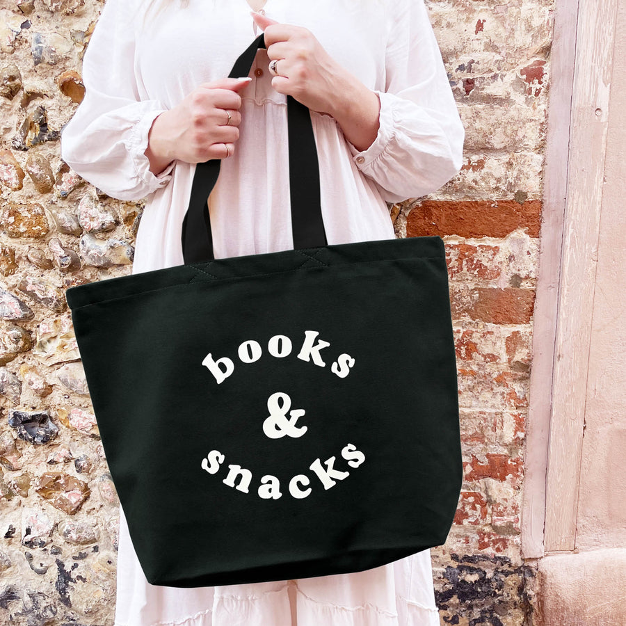 Books & Snacks - Black Canvas Tote Bag
