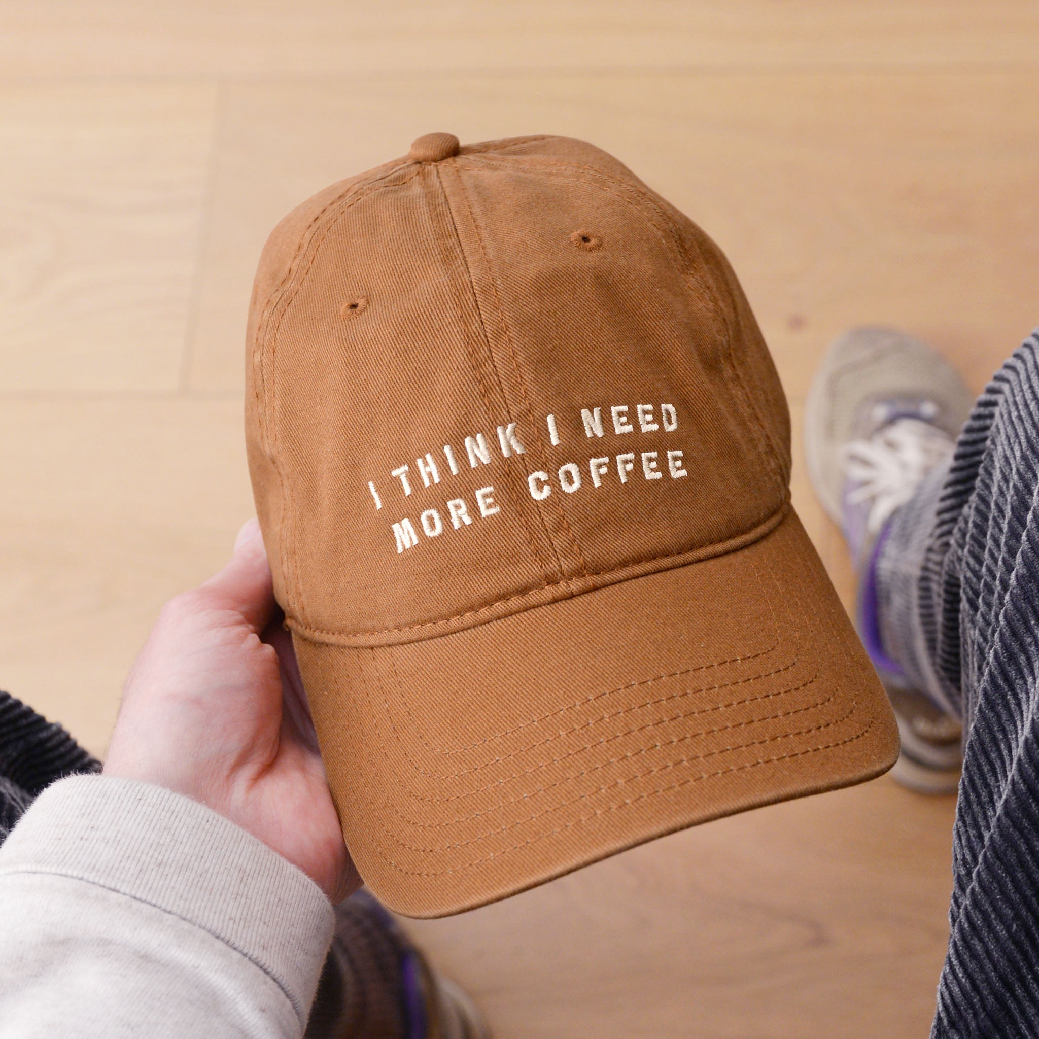 Needs Caps I Think I Need More Coffee - Cotton Baseball Cap - Tan – Alphabet Bags