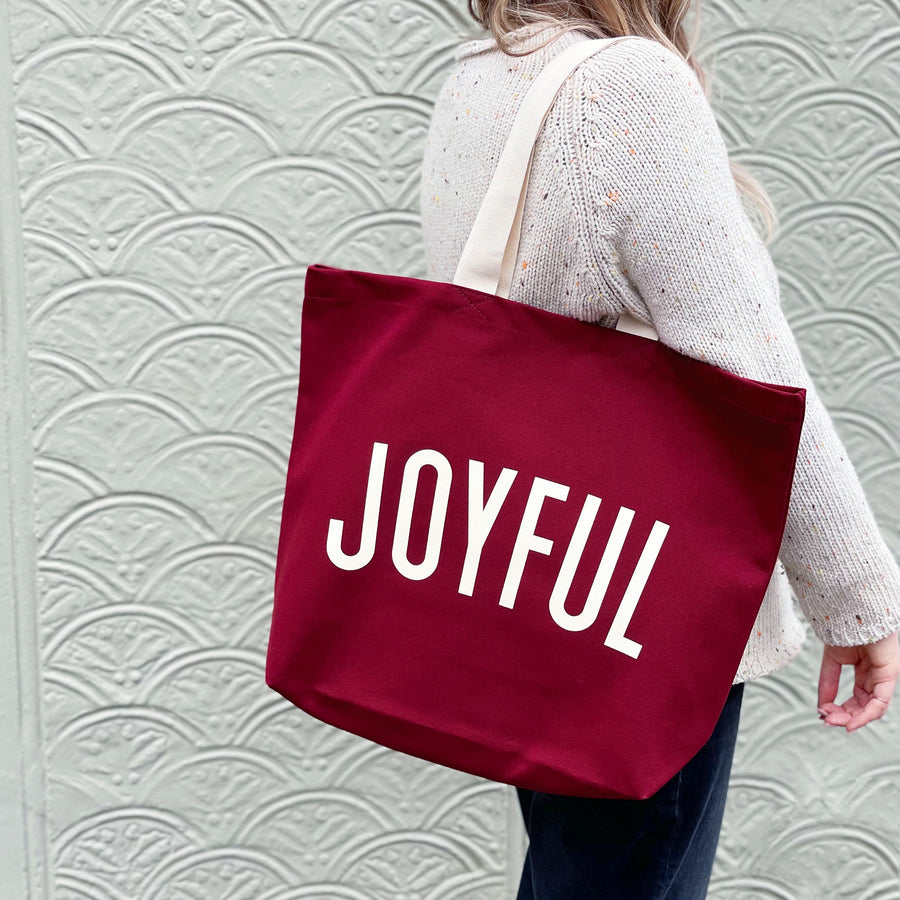 Joyful - Burgundy Canvas Tote Bag
