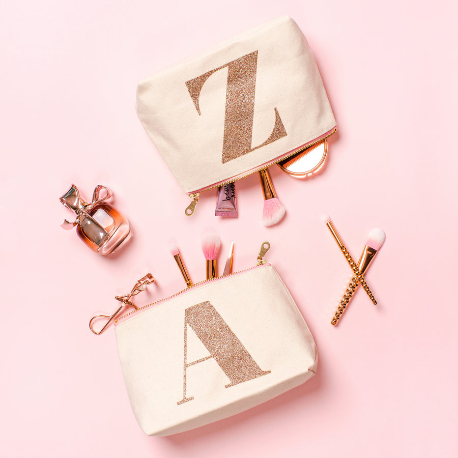 Monogram Alphabet Toiletry Bag Initial Makeup Bag Rose Gold